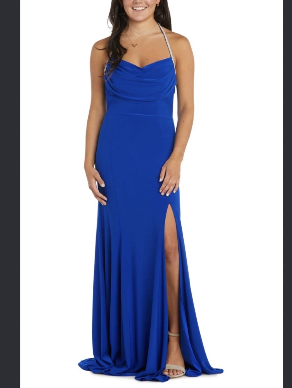 R&M richards Long Cowl Neck dress Rhinestone Halter